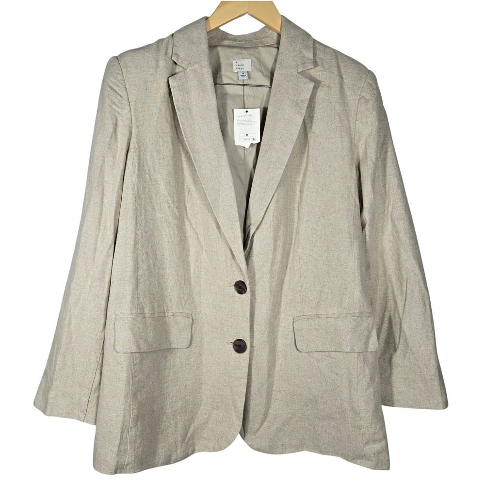 A New Day Womens Linen Blend Blazer Beige Tan Two Button‎ Jacket Size M
